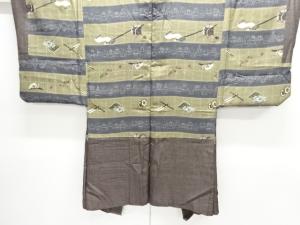 アンティーク　横段に能面・時代道具模様肩裏本場村山泥大島紬男物羽織